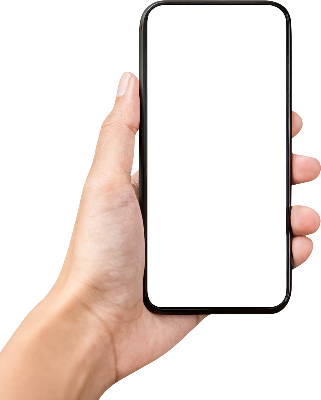 Hand holding mobile phone with empty screen mock up